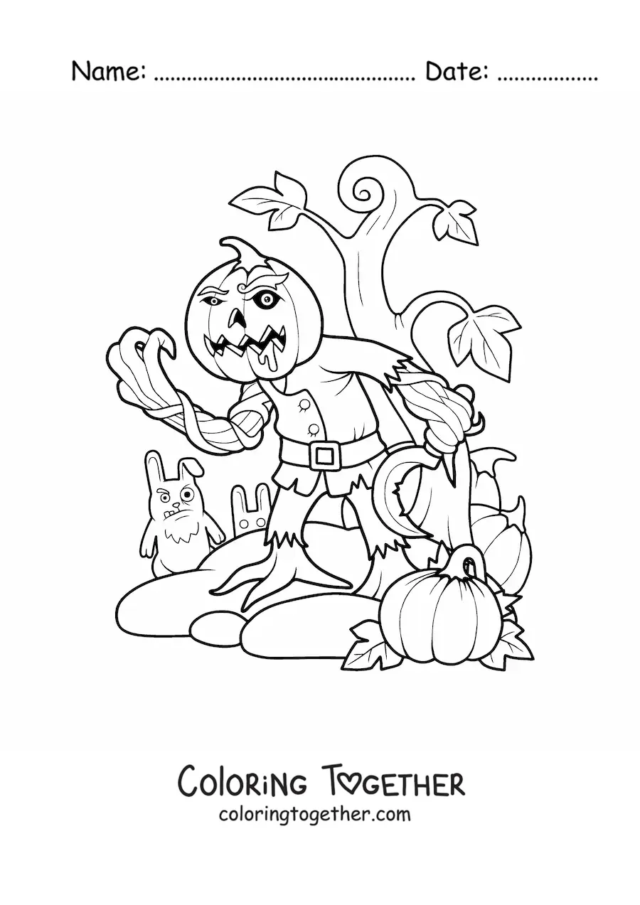 Coloring page of a scary pumpkin monster for Halloween