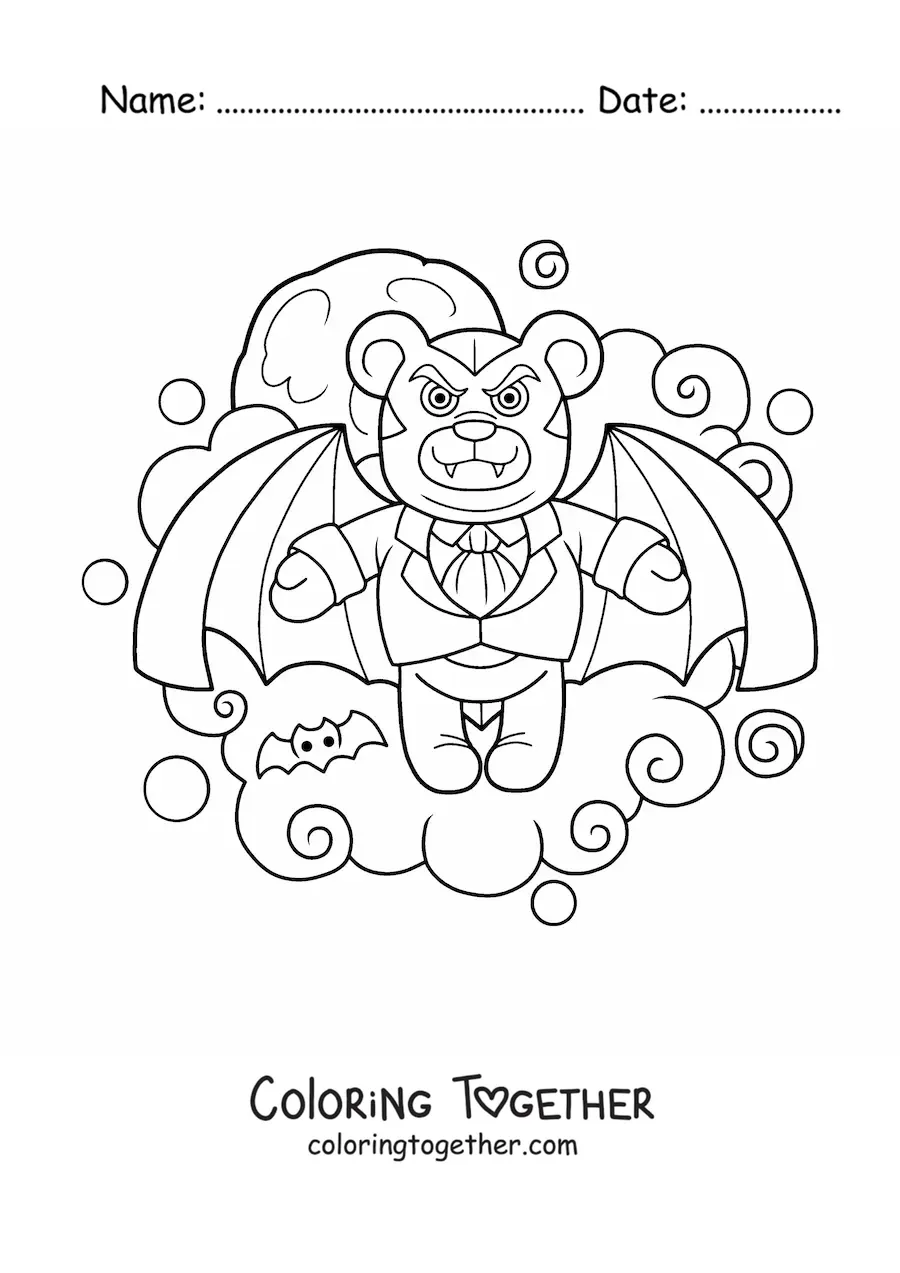 Coloring page of a vampire bear for Halloween