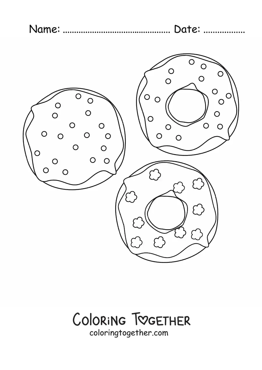 Coloring page of three donuts in different flavors