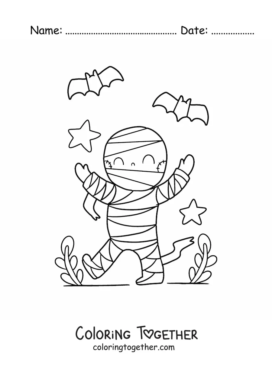 Coloring page of a kawaii Halloween mummy