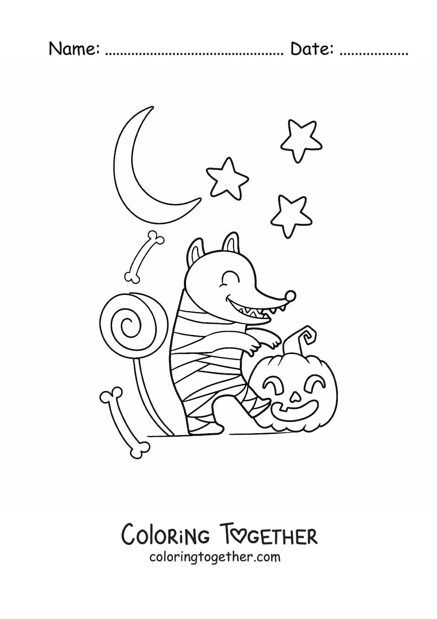 Coloring page of a kawaii mummy possum for Halloween