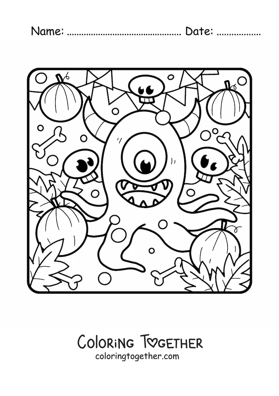 Coloring page of a Halloween monster with tentacles