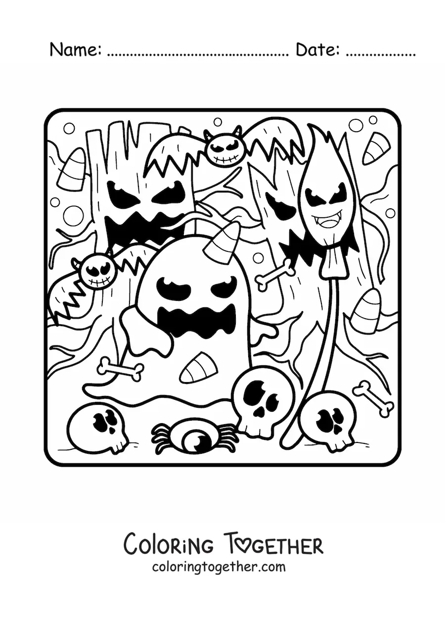 Coloring page of a Halloween ghost and trees