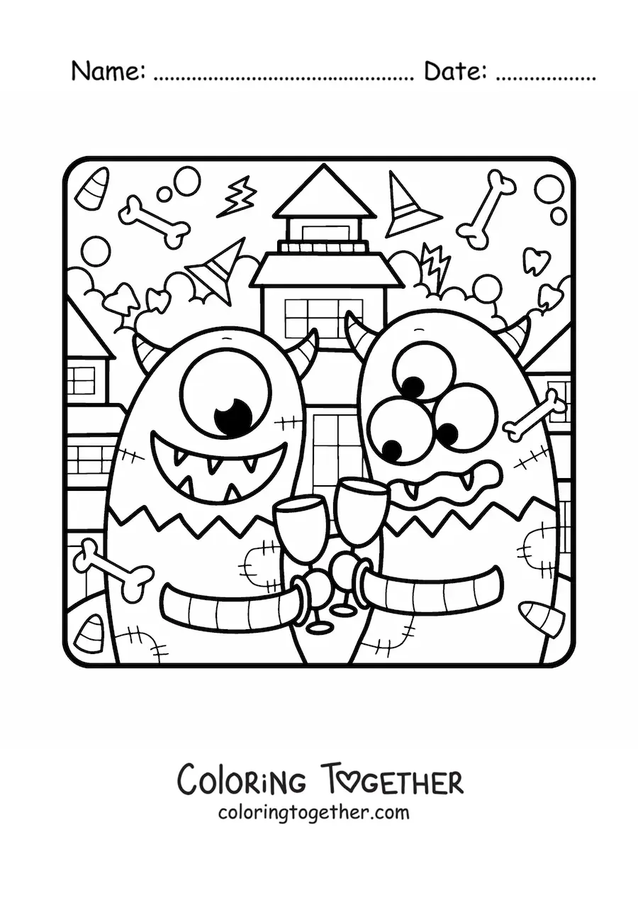 Coloring page of cartoon monsters at a Halloween party
