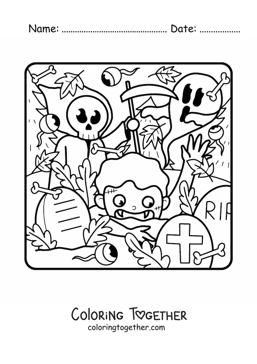 Coloring page of Death with a ghost and a zombie scaring a child on Halloween