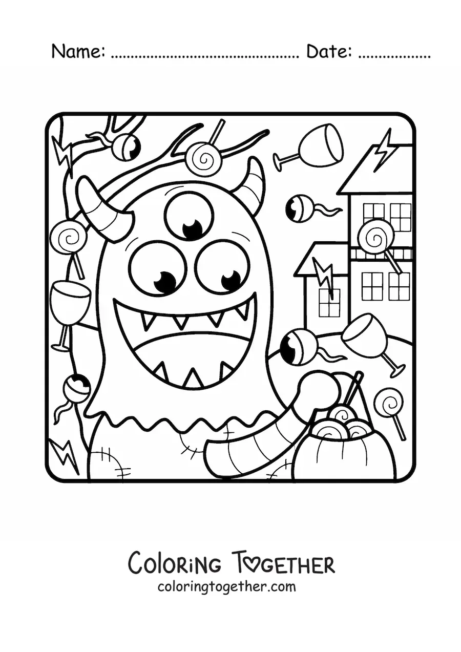 Coloring page of a cartoon monster with Halloween candy