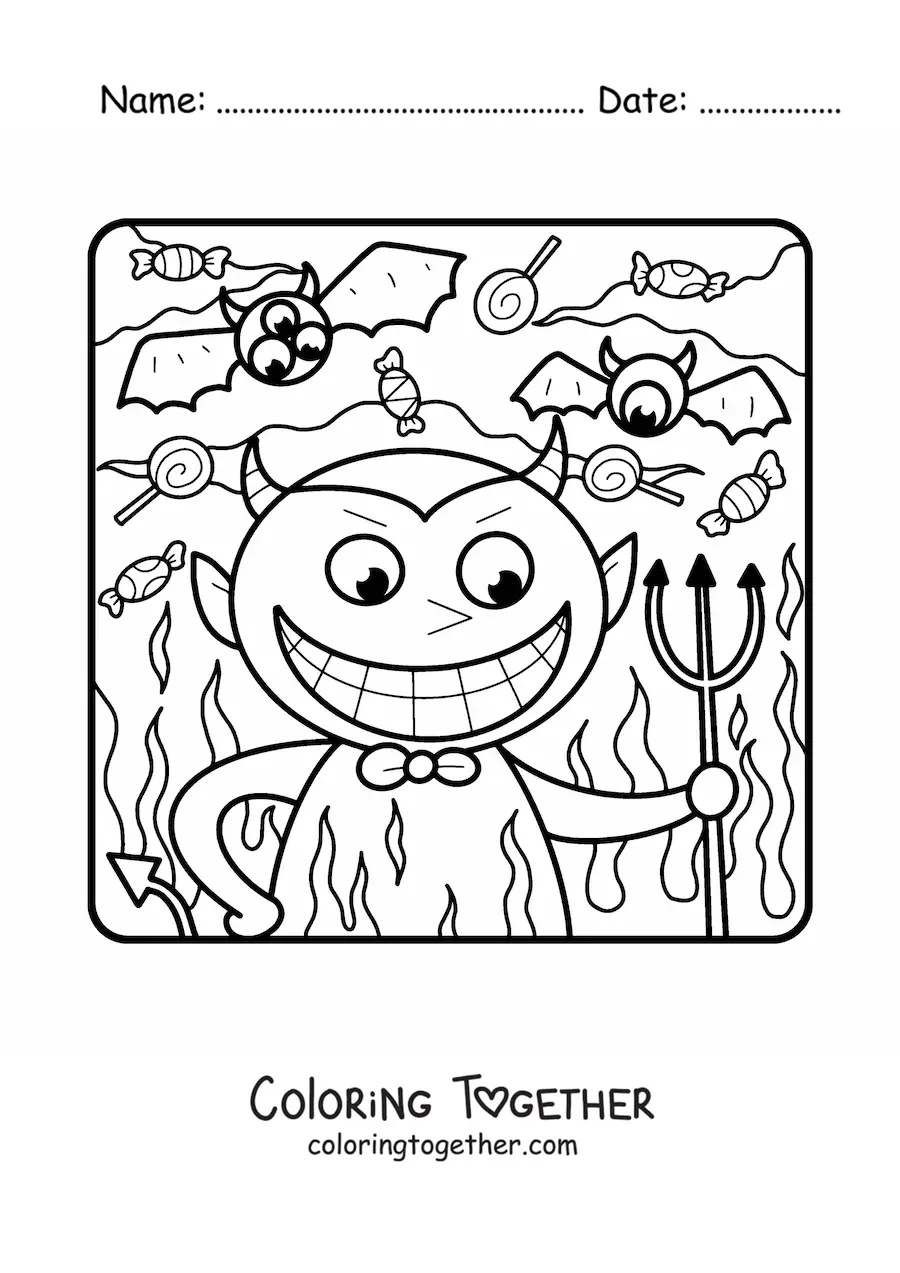 Coloring page of a cartoon Halloween devil