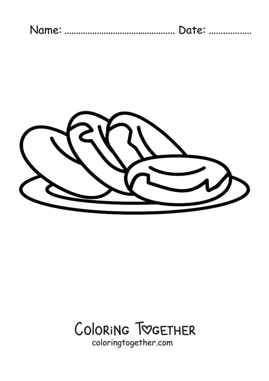 Coloring page of four glazed donuts on a plate
