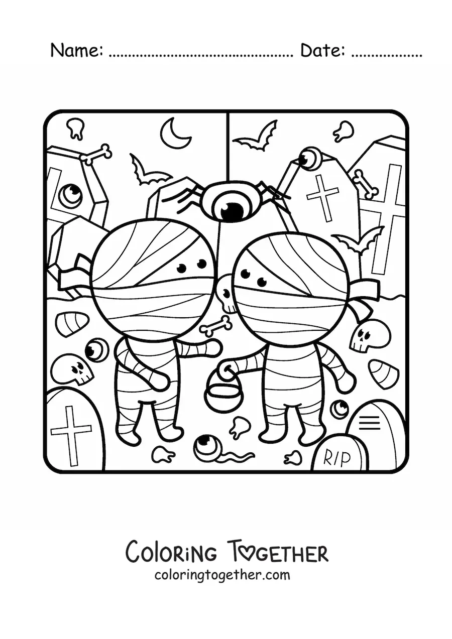 Coloring page of kawaii Halloween mummies