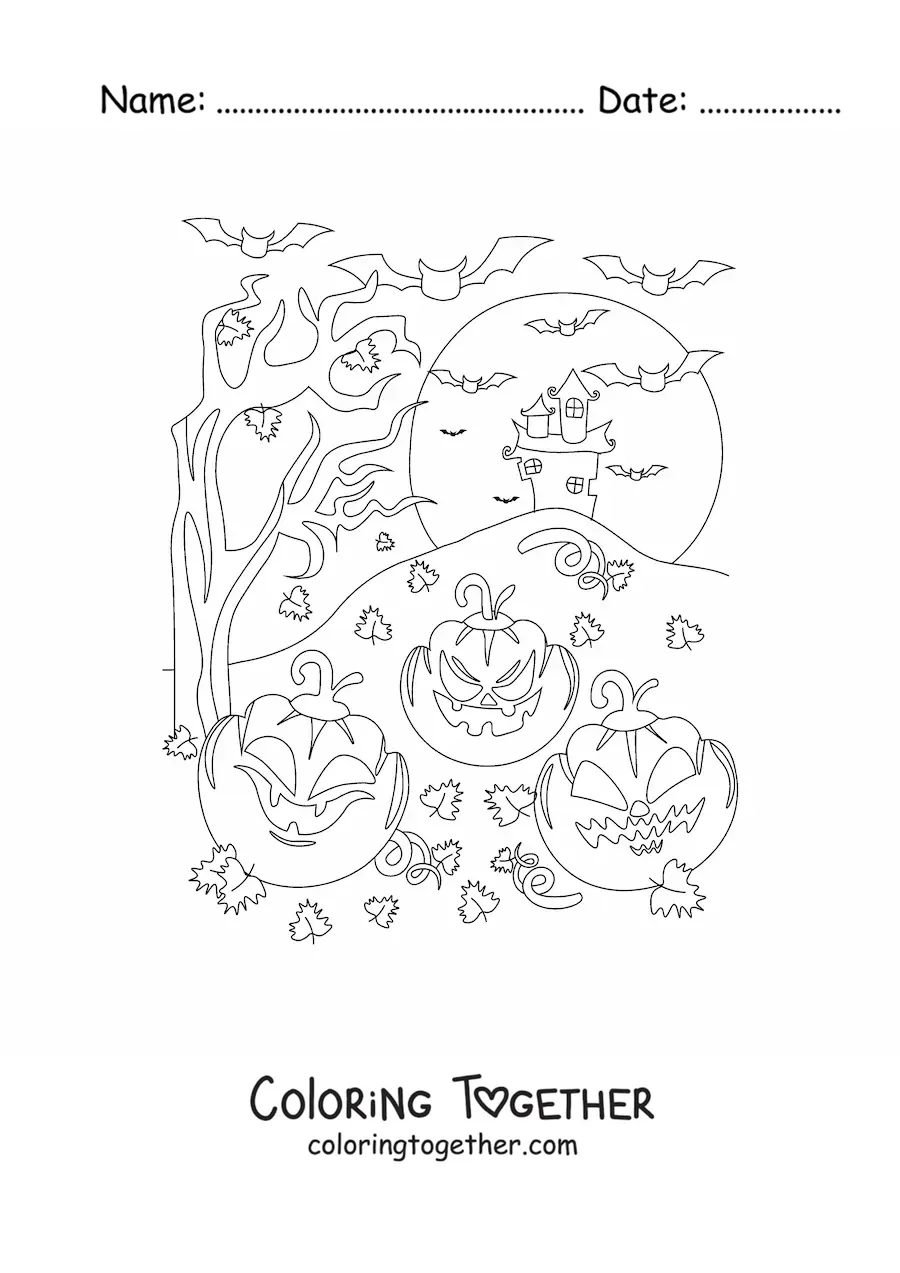 Coloring page of scary Halloween pumpkins with a haunted mansion