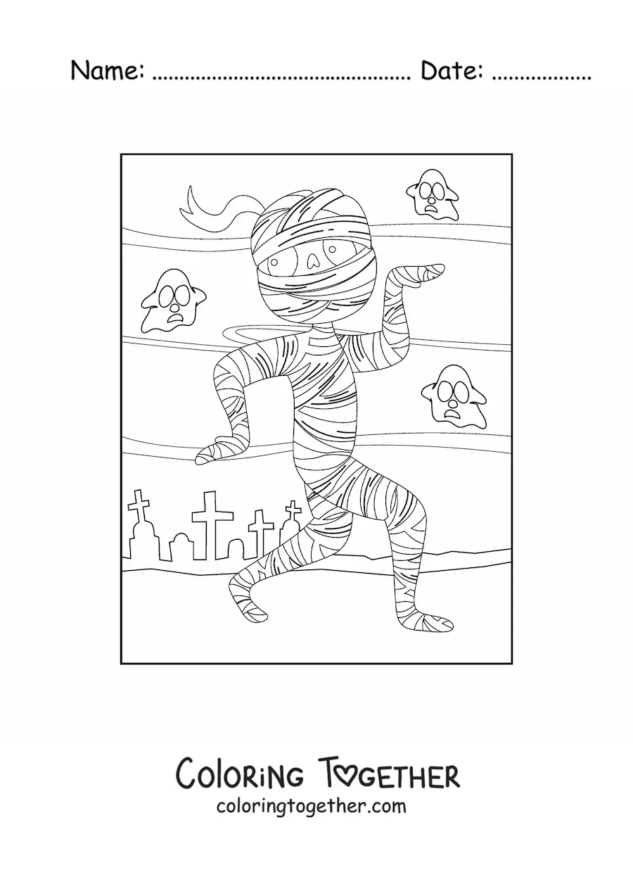 Coloring page of a Halloween mummy walking