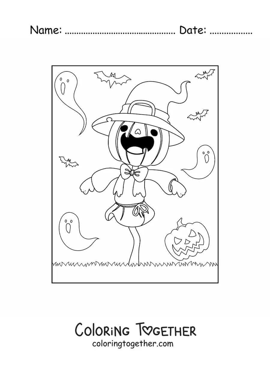 Coloring page of a Halloween scarecrow with ghosts