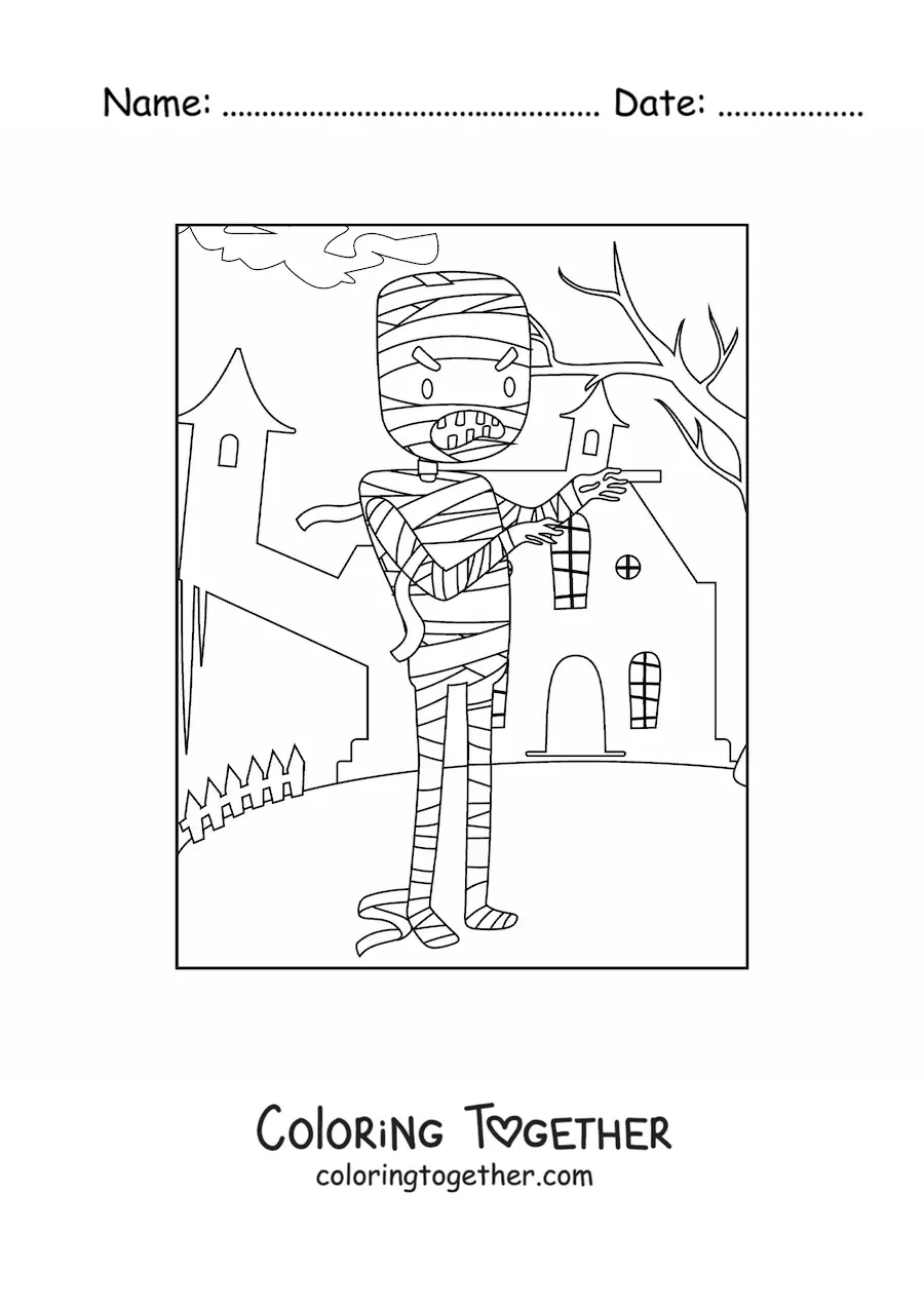 Coloring page of a Halloween mummy with a haunted house