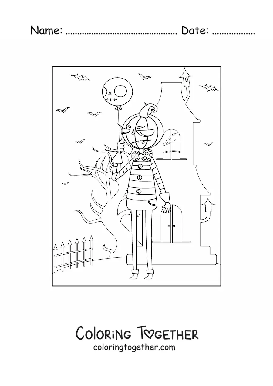Coloring page of a Halloween monster holding a balloon in front of a haunted mansion