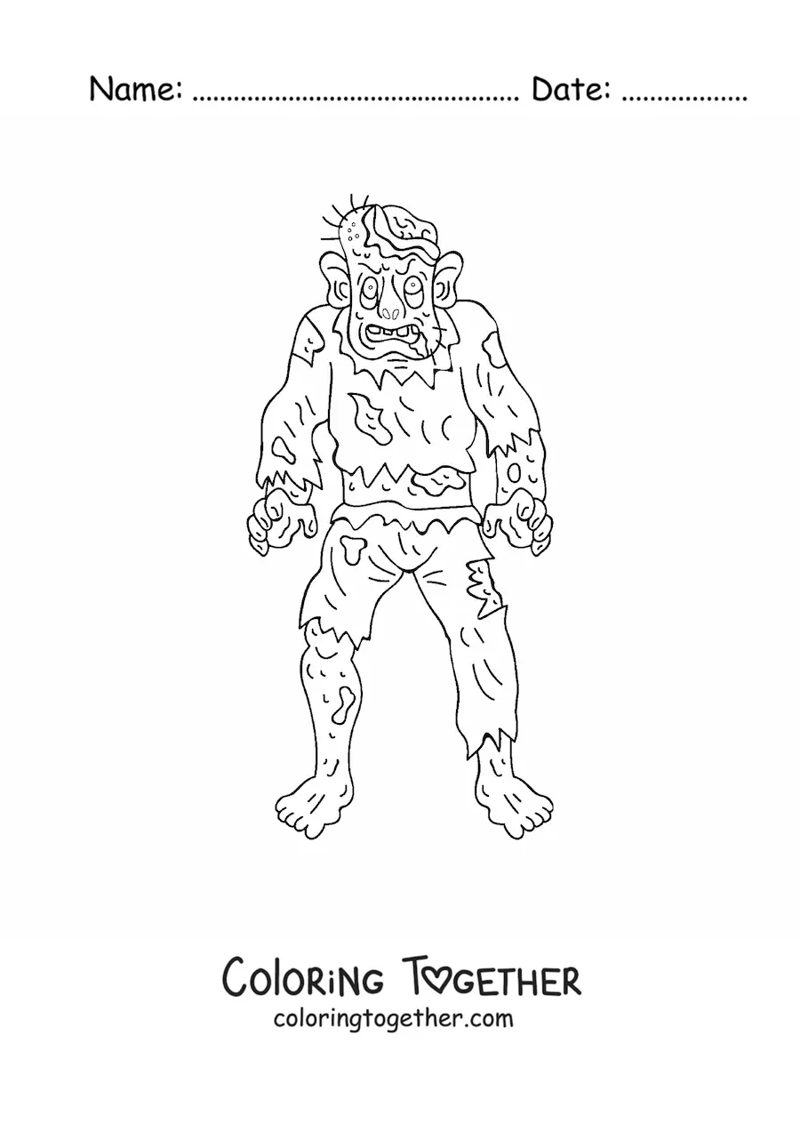 Coloring page of a cartoon zombie