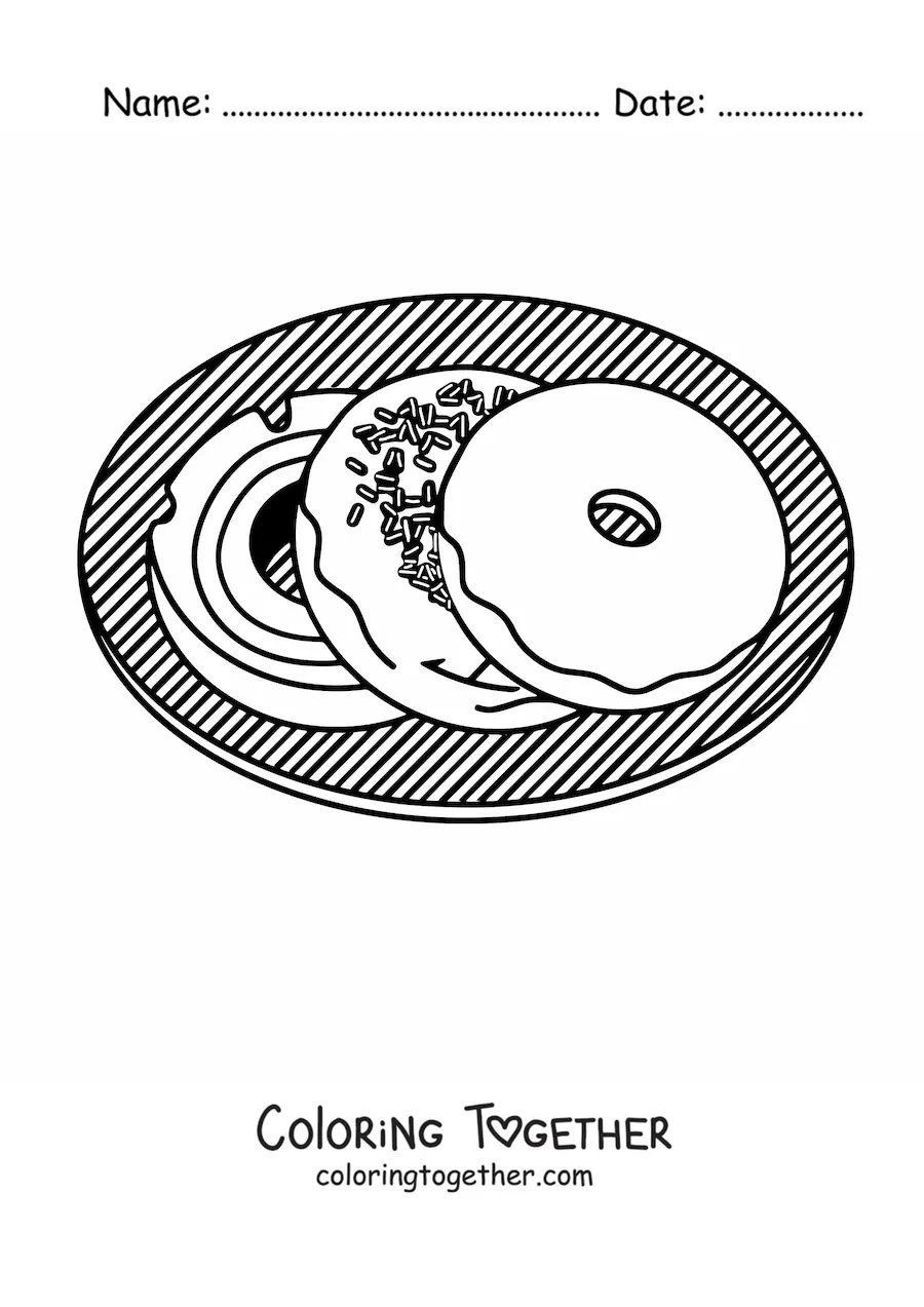 Coloring page of three donuts on a plate