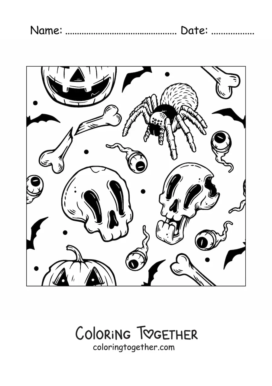 Coloring page of a Halloween spider with skulls