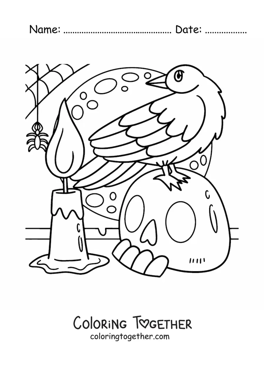 Coloring page of a Halloween spider with a crow and a skull