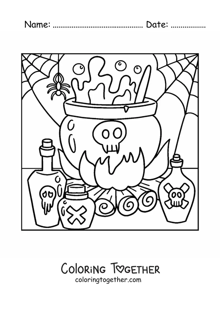 Coloring page of a Halloween spider with a cauldron