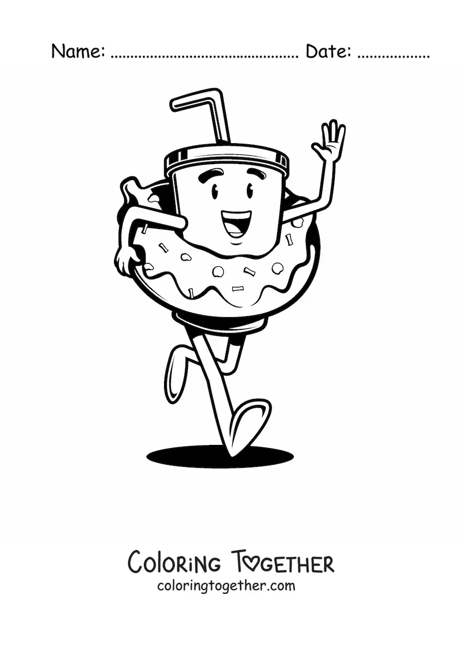 Coloring page of an animated cup with a straw running alongside a donut