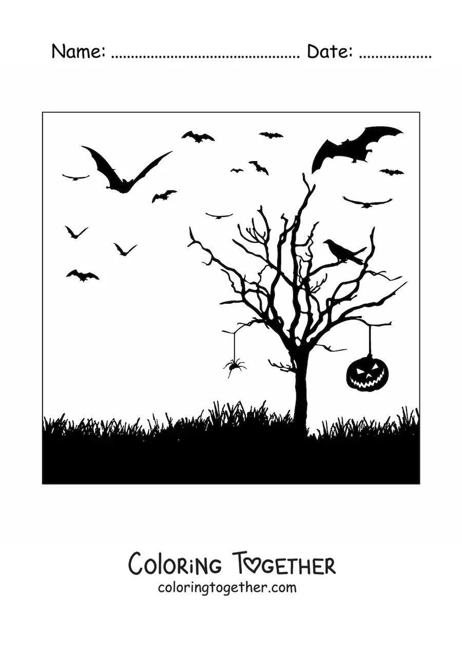Coloring page of the silhouette of a spider hanging from a tree on Halloween night