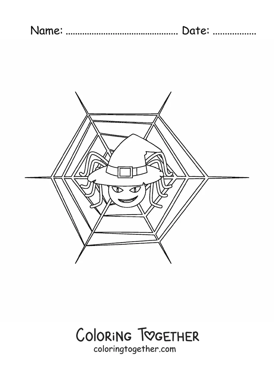 Coloring page of a cartoon spider with a Halloween witch hat
