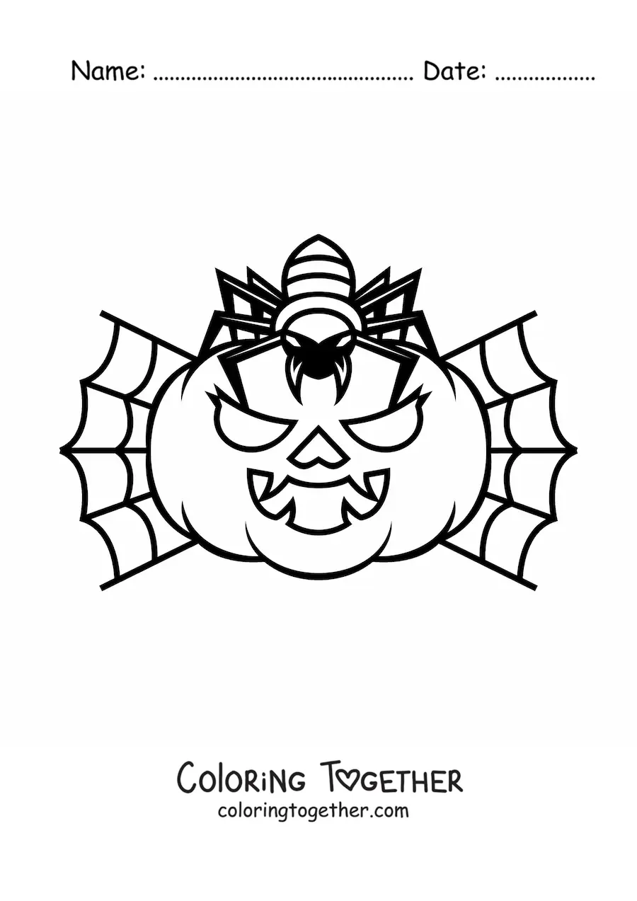 Coloring page of a spider with a Halloween pumpkin