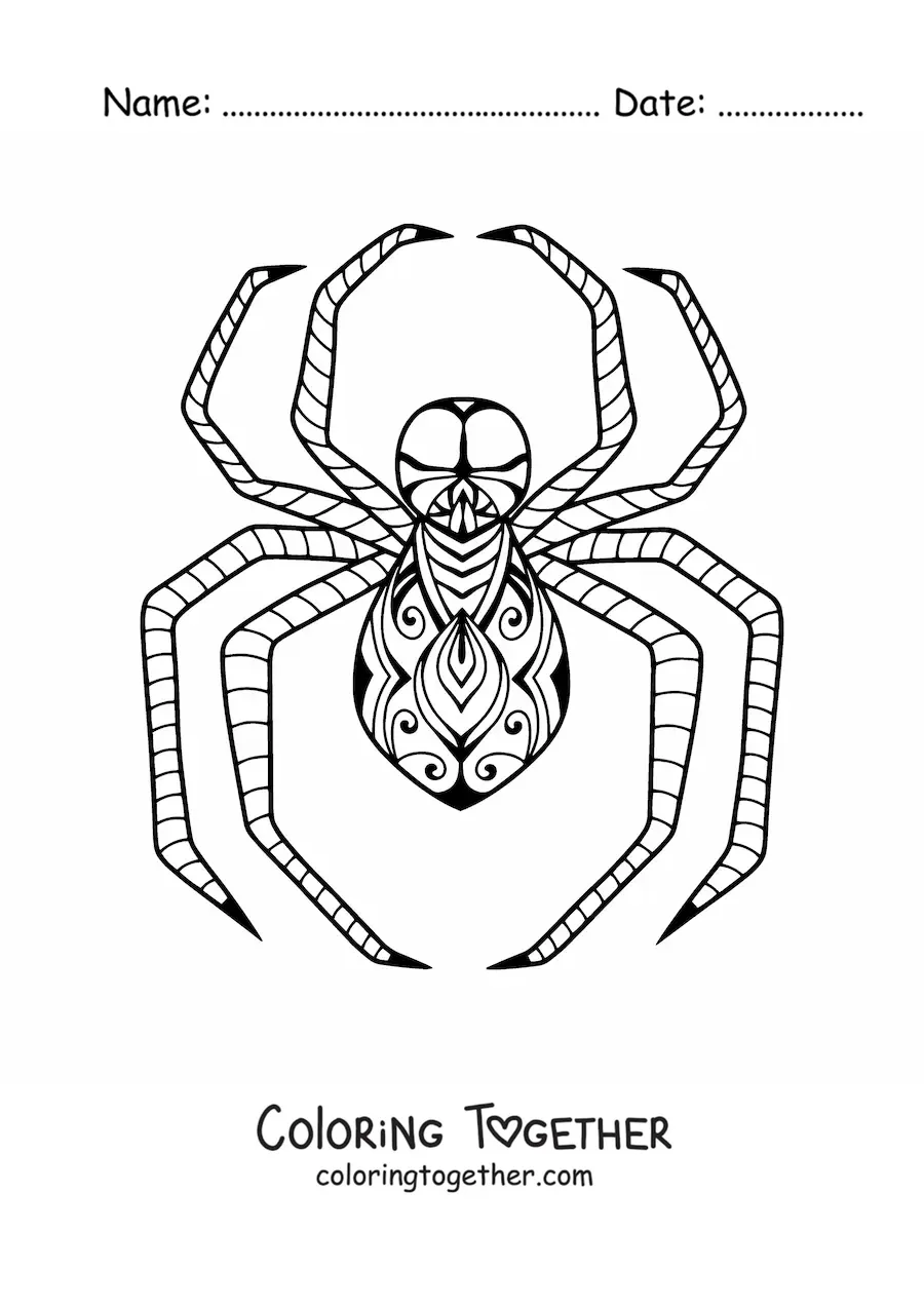 Coloring page of a zentangle style Halloween spider