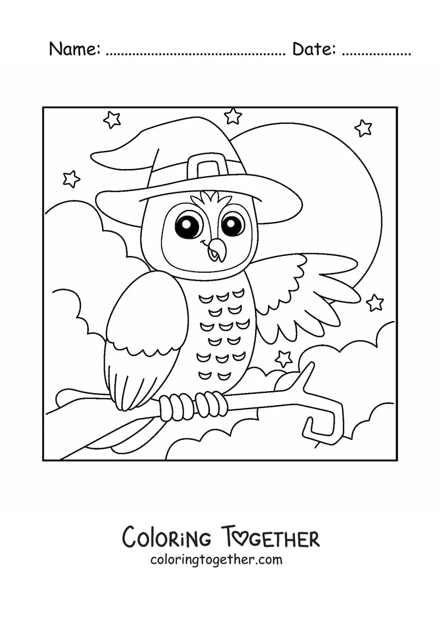 Coloring page of a cartoon Halloween owl with a witch hat in front of the Moon