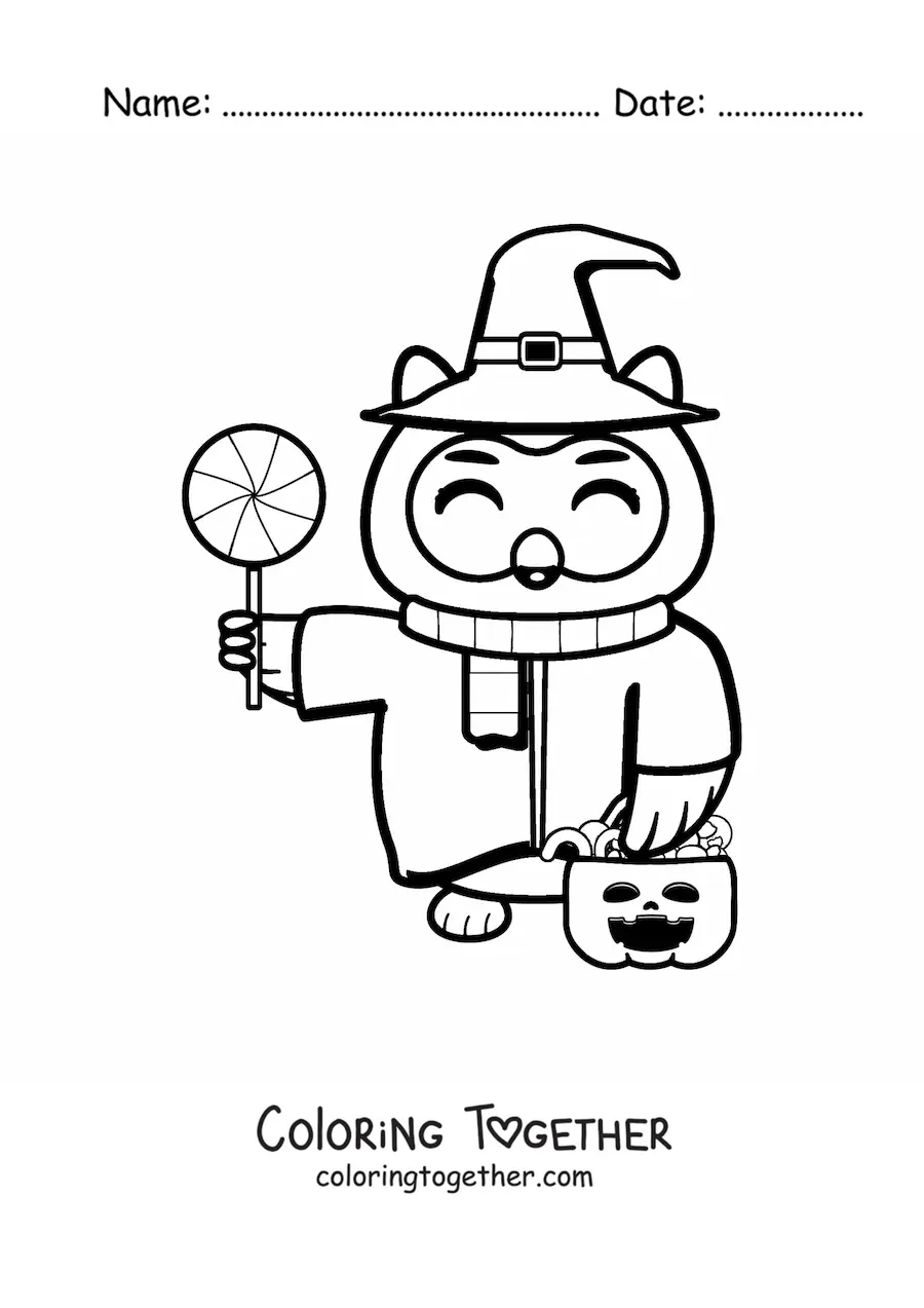 Coloring page of a kawaii Halloween owl with candy and a witch hat