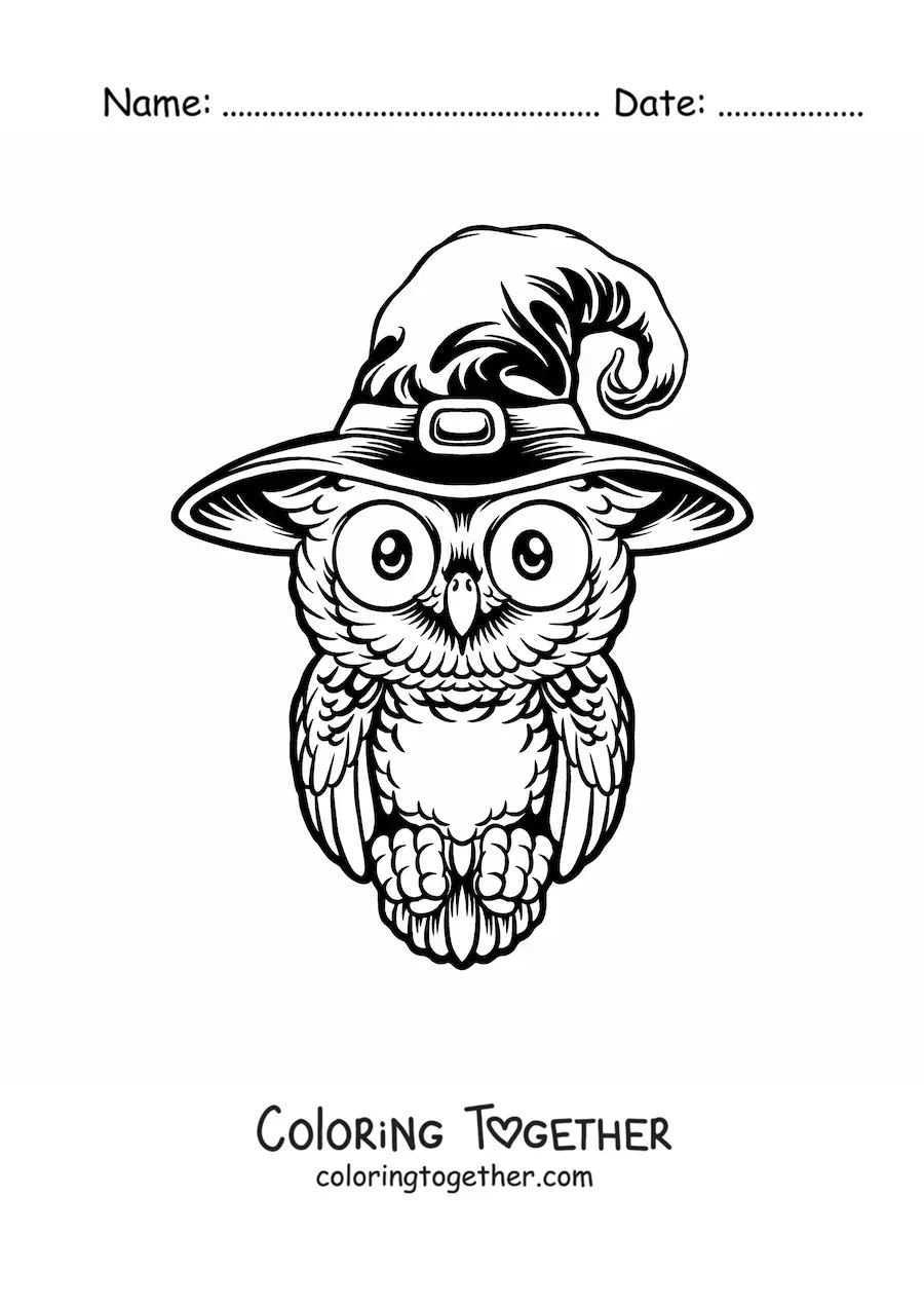 Coloring page of a realistic Halloween owl with a witch hat
