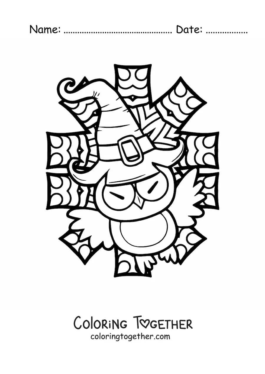 Coloring page of a cartoon Halloween owl with a witch hat