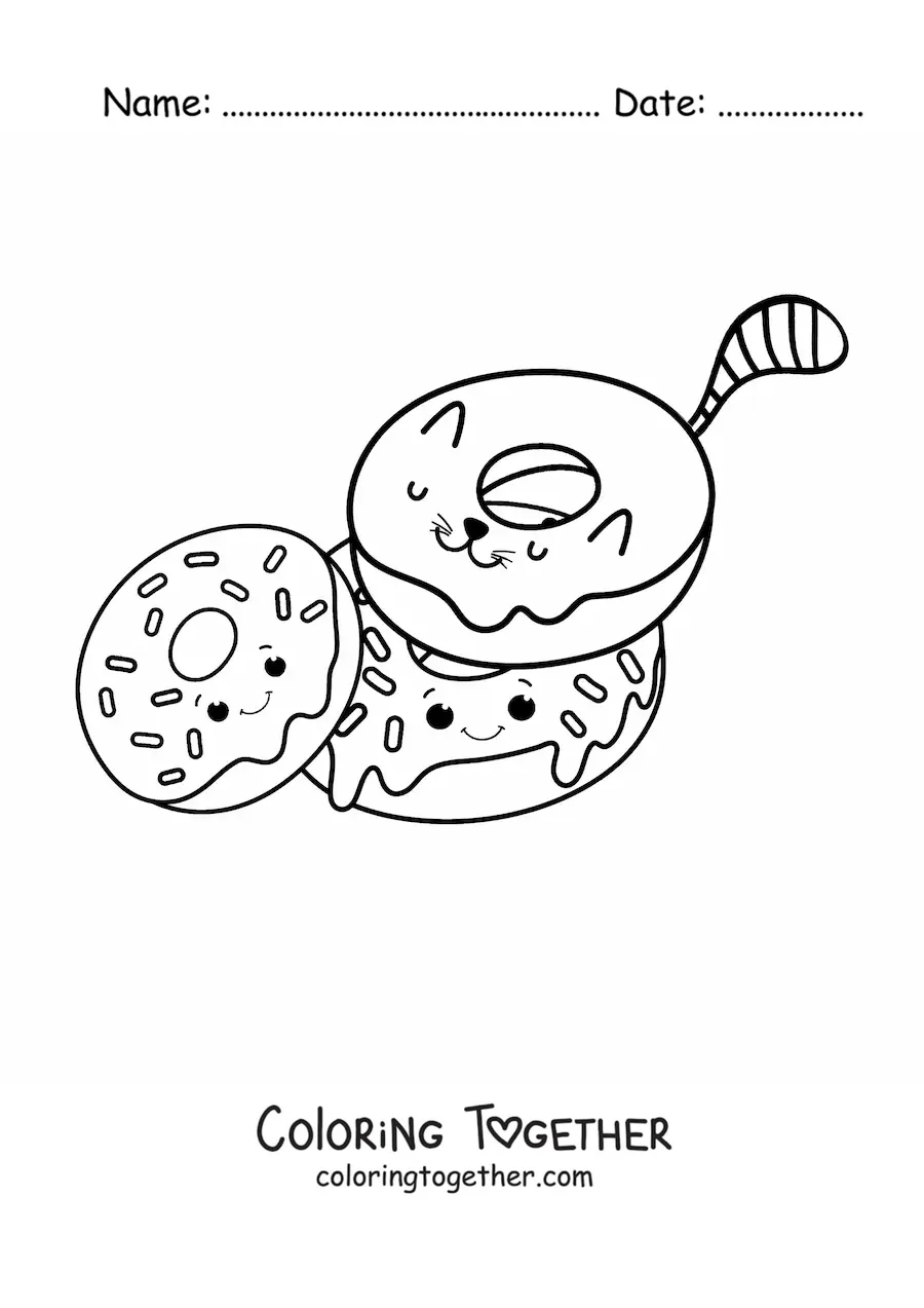 Coloring page of a cartoon cat shaped like a donut next to two donuts
