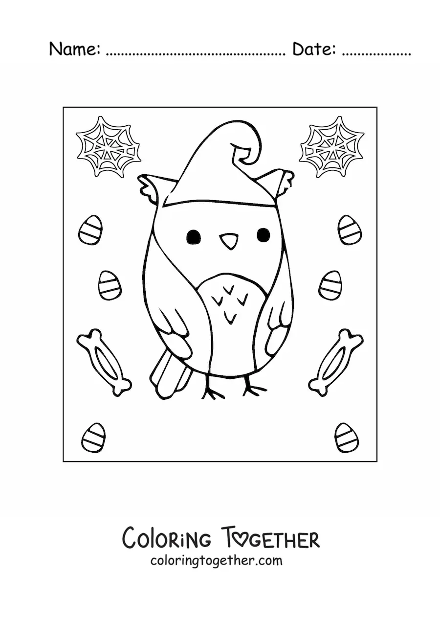 Coloring page of a kawaii Halloween owl with a hat