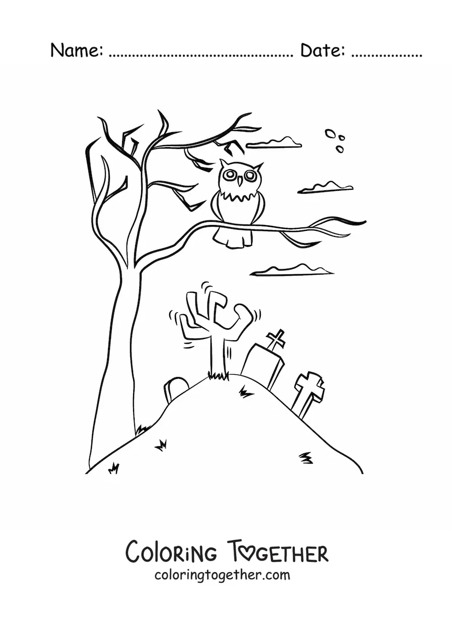 Coloring page of a Halloween owl in a tree at the cemetery