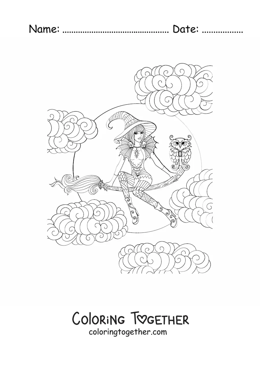 Coloring page of a pretty witch flying on her broom with an owl on Halloween