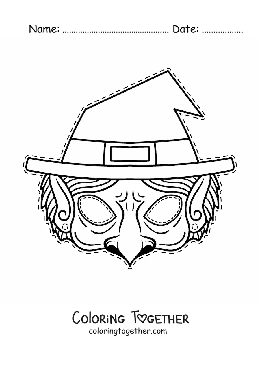 Coloring page of a witch Halloween mask
