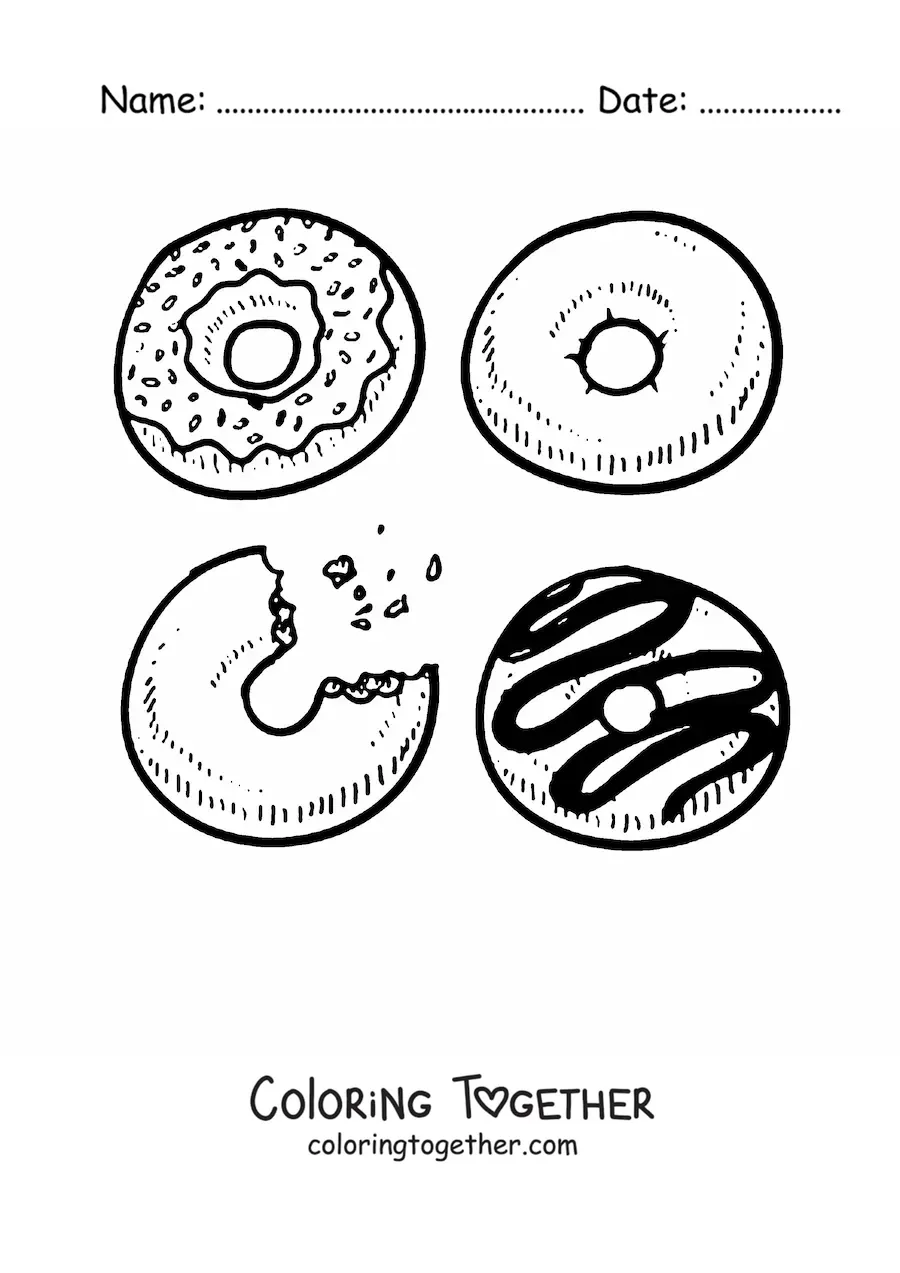 Coloring page of four assorted donuts