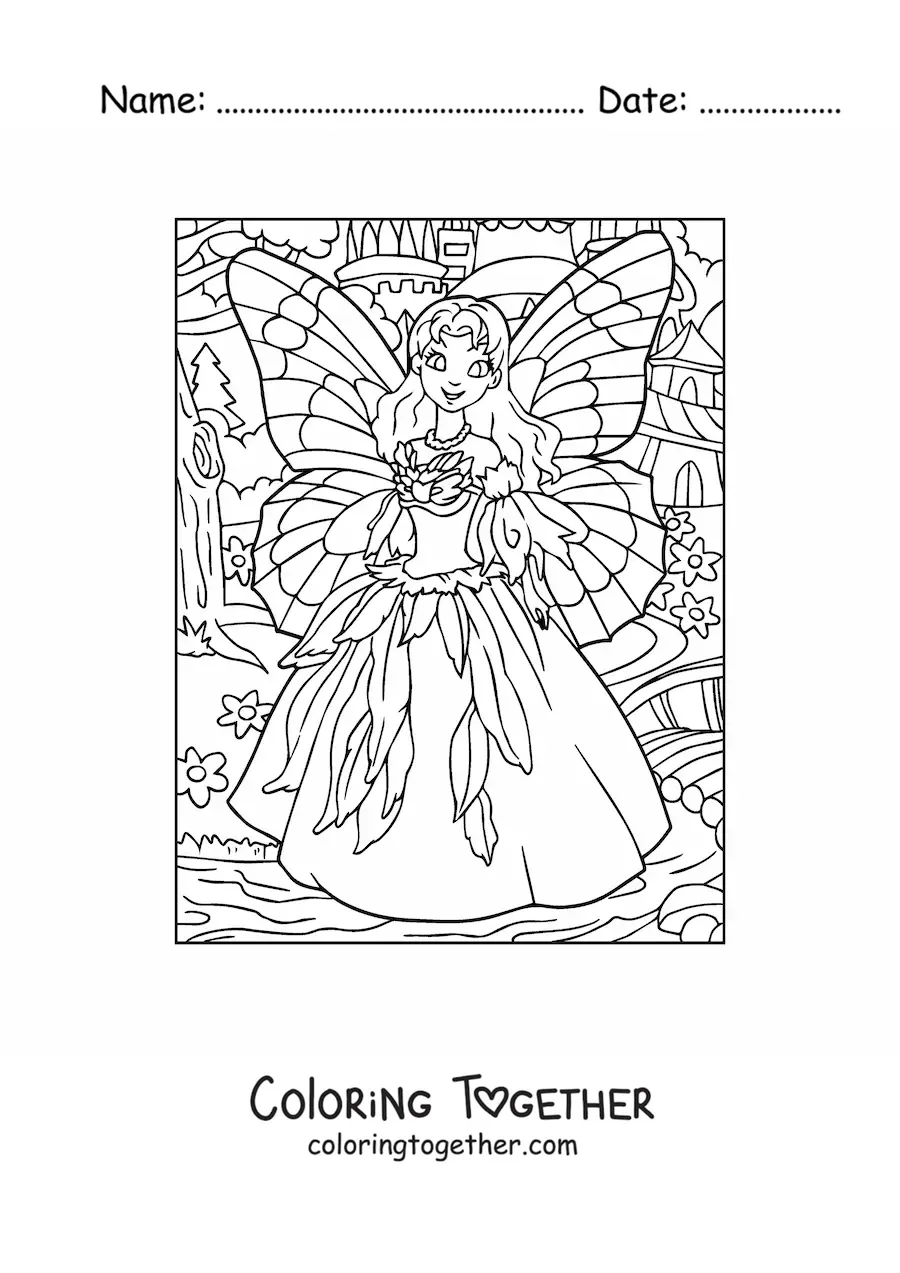 Coloring page of a pretty fairy princess in the forest