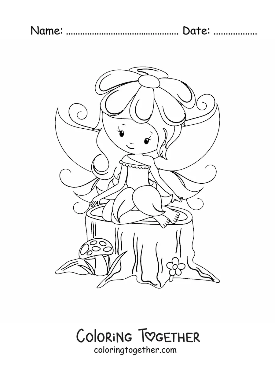 Coloring page of a kawaii baby fairy in the forest