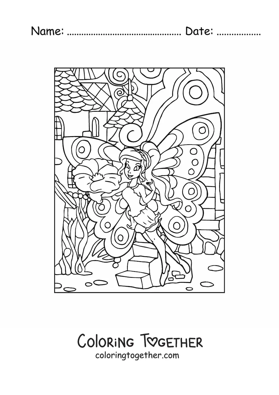 Coloring page of a beautiful fairy with a flower