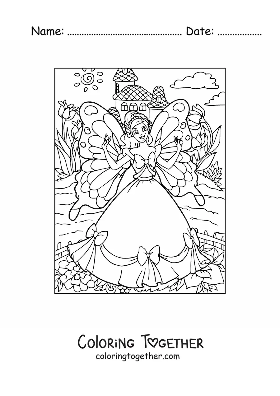 Coloring page of a butterfly fairy princess in a magical garden
