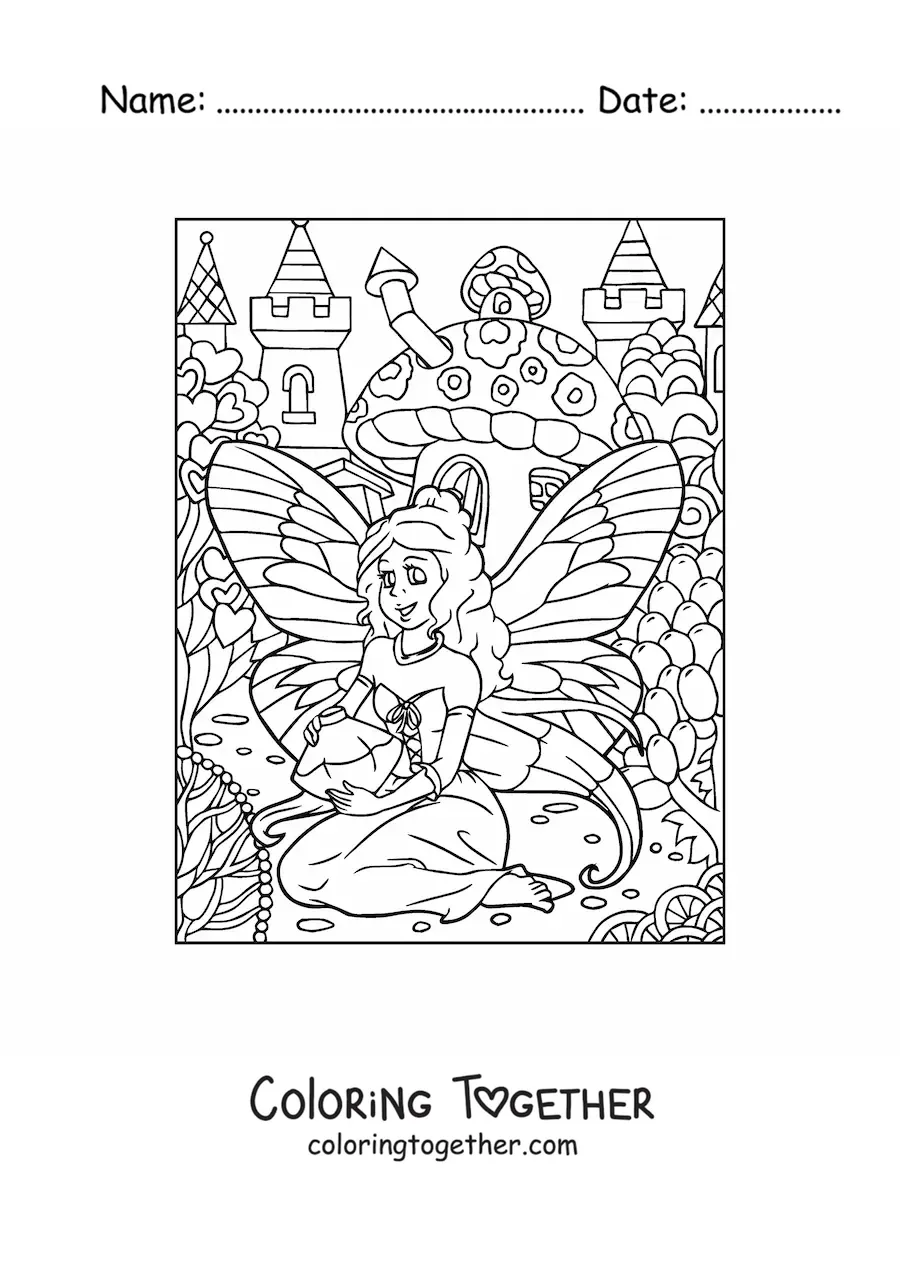 Coloring page of a fairy of love in a magical forest