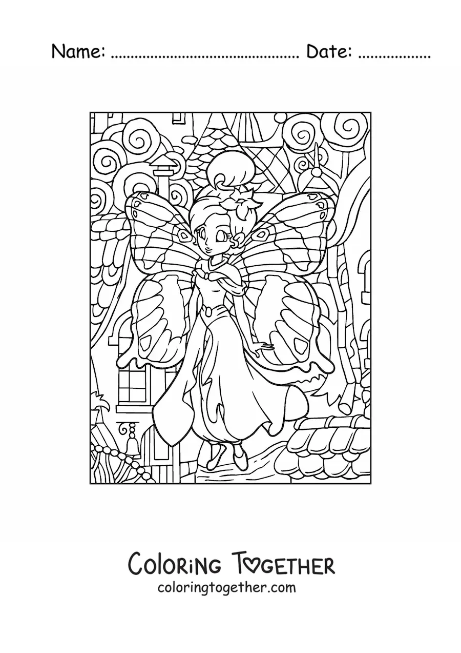Coloring page of a beautiful butterfly fairy in an enchanted forest