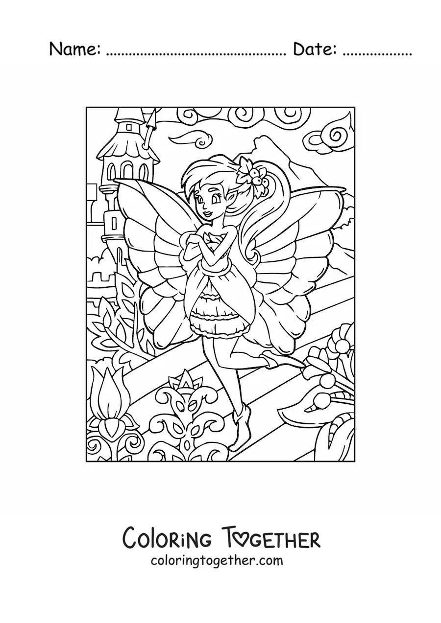Coloring page of a beautiful fairy in a garden with flowers