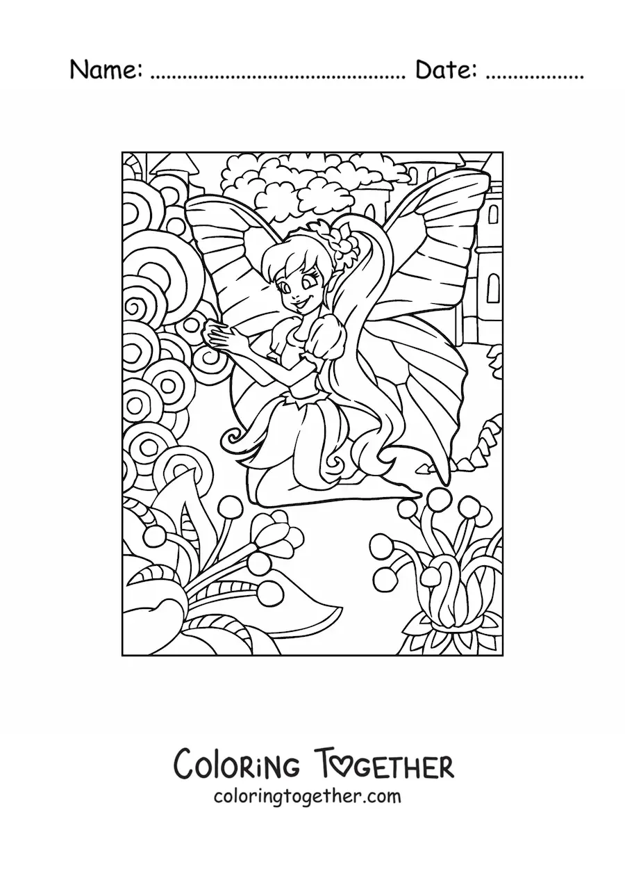 Coloring page of a butterfly fairy in a garden with flowers