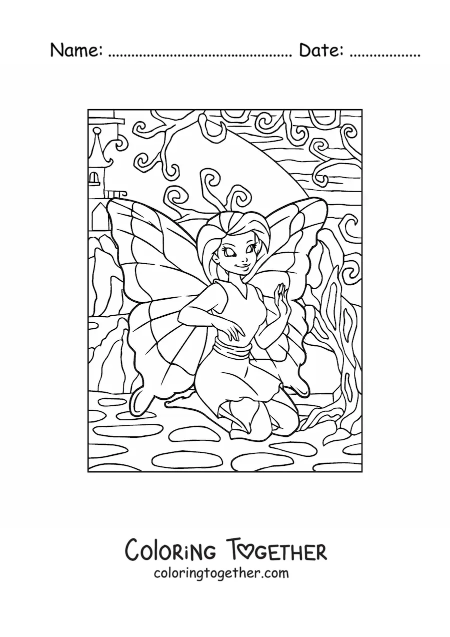 Coloring page of a beautiful butterfly fairy sitting in the garden