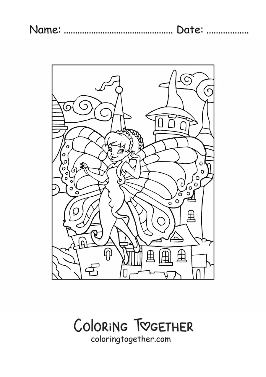 Coloring page of a beautiful butterfly fairy flying at the castle