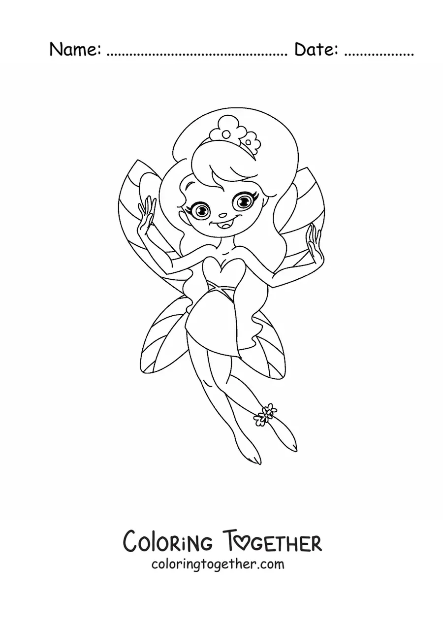 Coloring page of a simple happy fairy with flowers