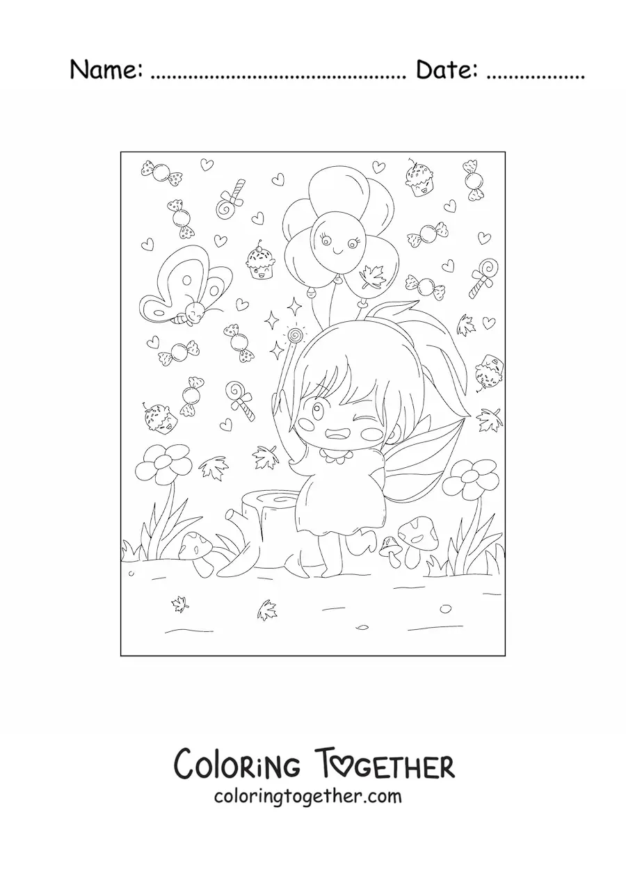 Coloring page of an anime style kawaii fairy girl in a magical forest